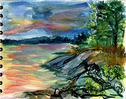 sunset watercolour from Gero Island, Maine