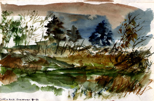 watercolour sketch of autumn trailscape