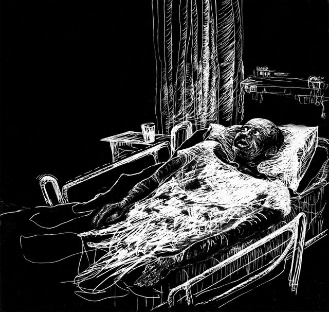scratchboard drawing of horrified black man in hospital bed