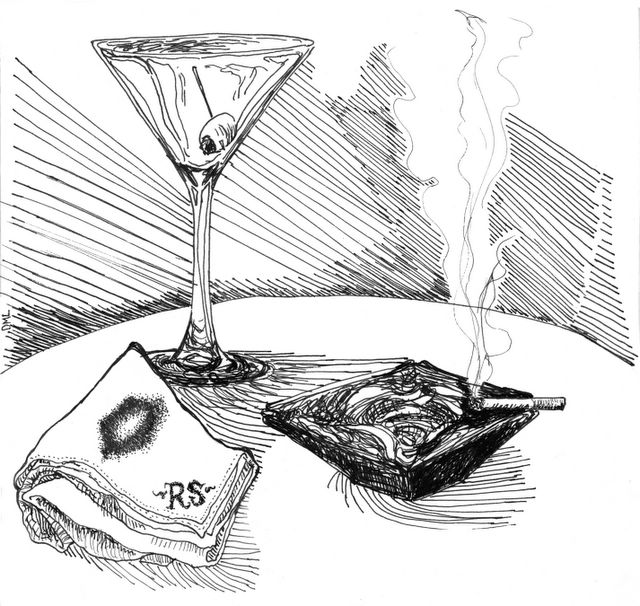 ink drawing of martini, ashtray, handkerchief with lipstick