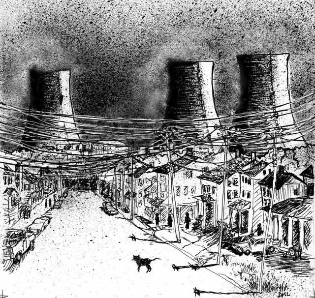 ink drawing of cooling towers, electric lines, houses & cat