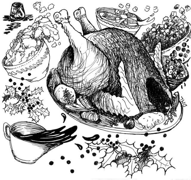 drawing of chaotic turkey dinner