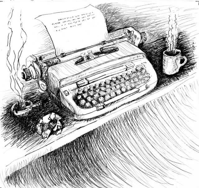 ink drawing of typewriter, coffee mug, cigarette