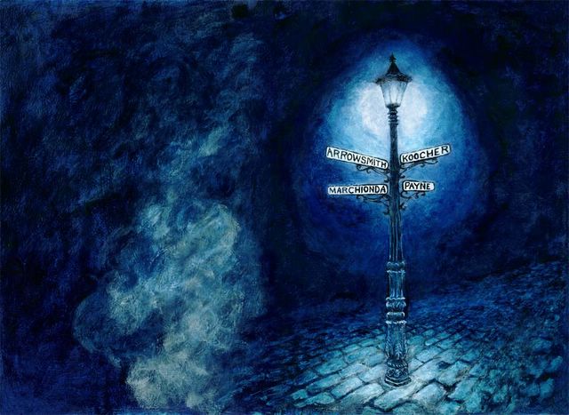 acrylic painting of lamppost & foggy cobble street